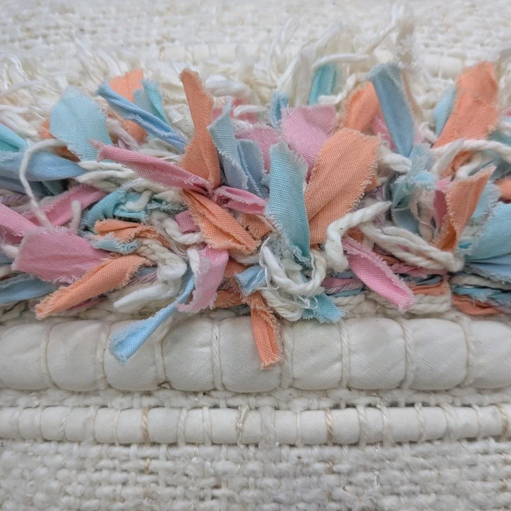 Boho Chunky Textured Woven Throw Pillow Cream Pastel Rag Fringe 10x10